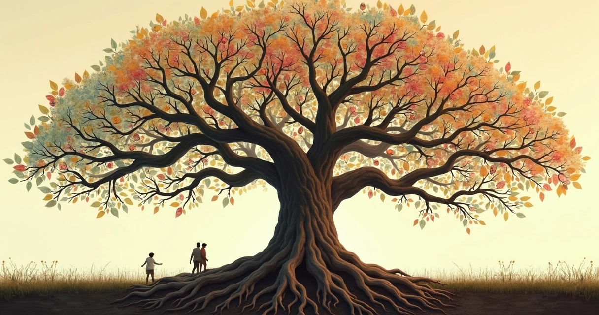 Family tree illustration with interconnected roots and branches representing generational links