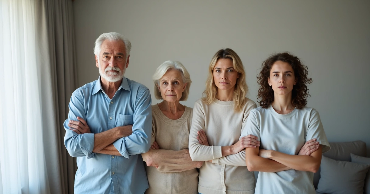 Generations of a family standing together showing subtle emotional distance 