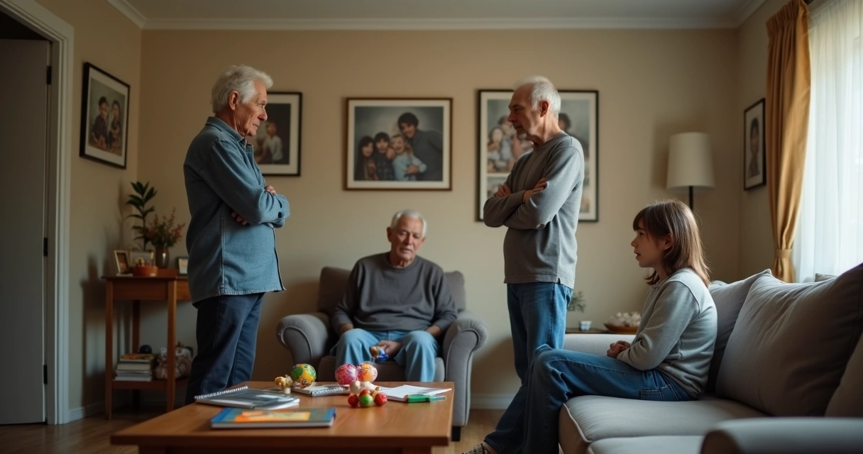 Multigenerational family in a living room showing repeated behaviors across generations 