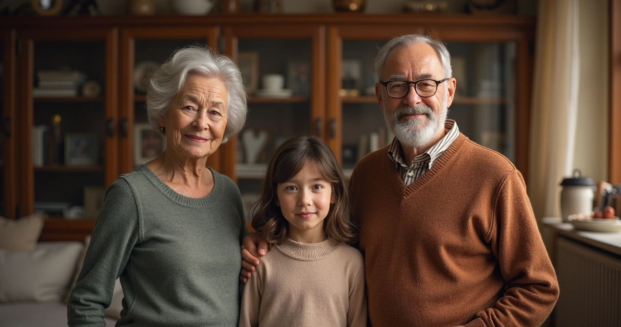 Three generations of a family standing together in a living room, expressing a range of emotions 