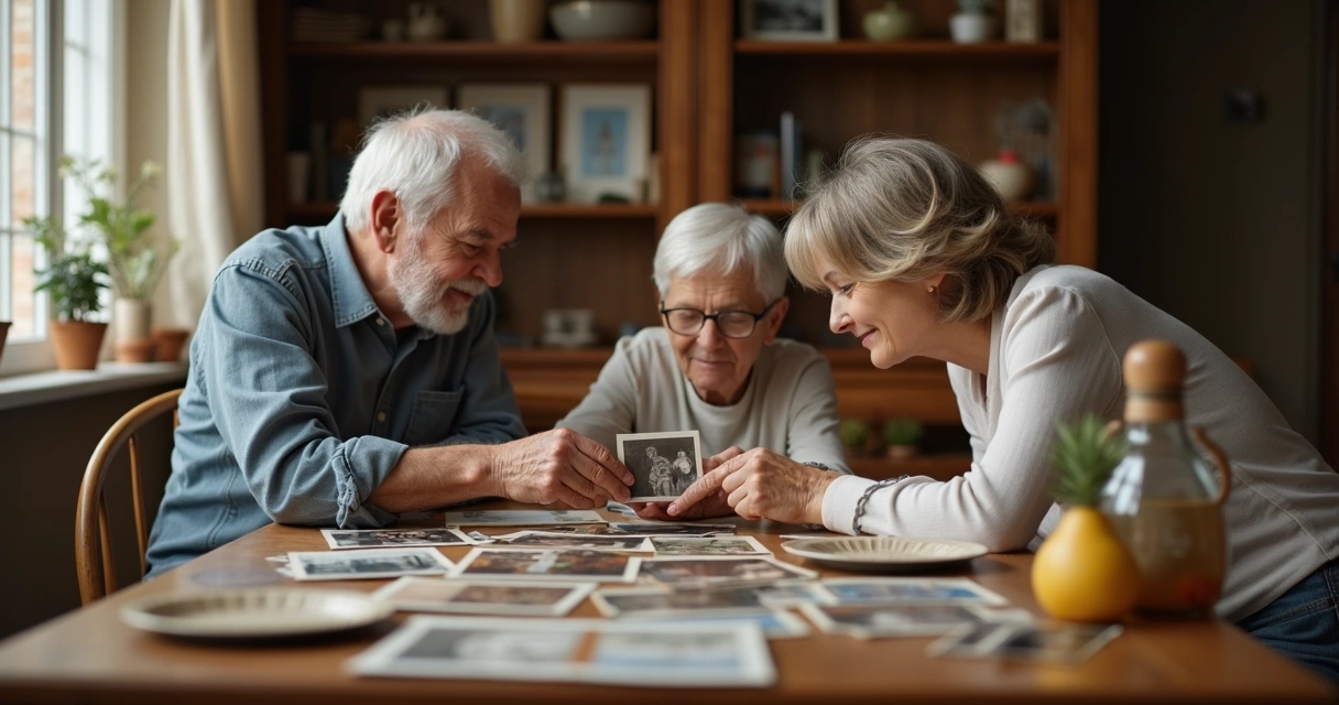 Grandparent, parent, and child sitting together, reflecting generational values 