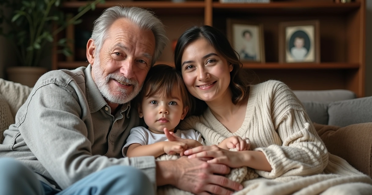 Three generations of a family sitting together on a couch