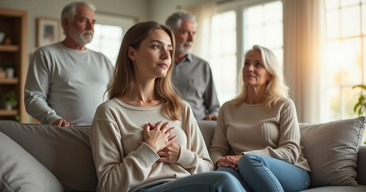 Three generations of a family connected by light patterns symbolizing inherited beliefs 