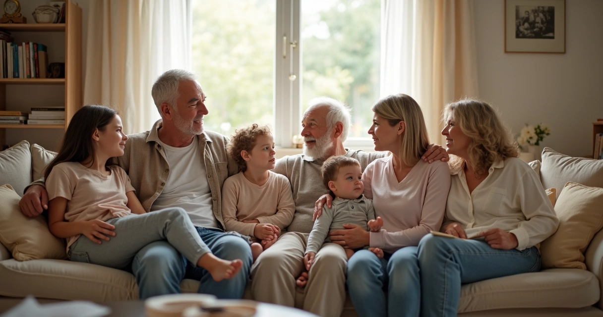Generations of one family sitting together, adults and children from different ages looking thoughtful, soft light 