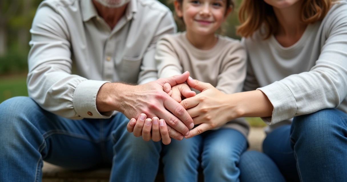 Three generations family holding hands, sitting on steps