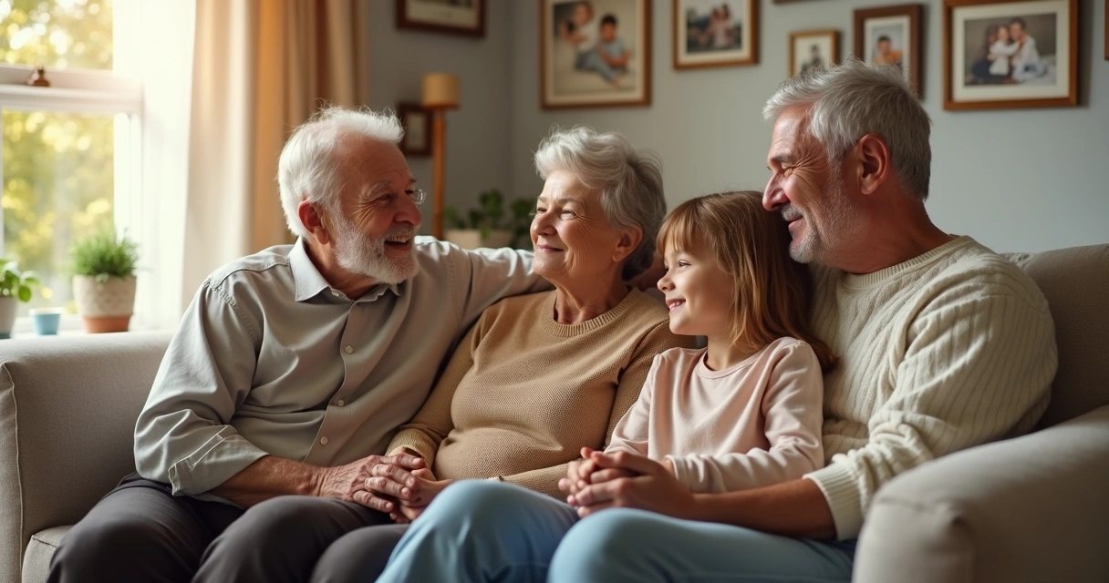 Generations of a family sitting together on a sofa, illustrating legacy across ages. 