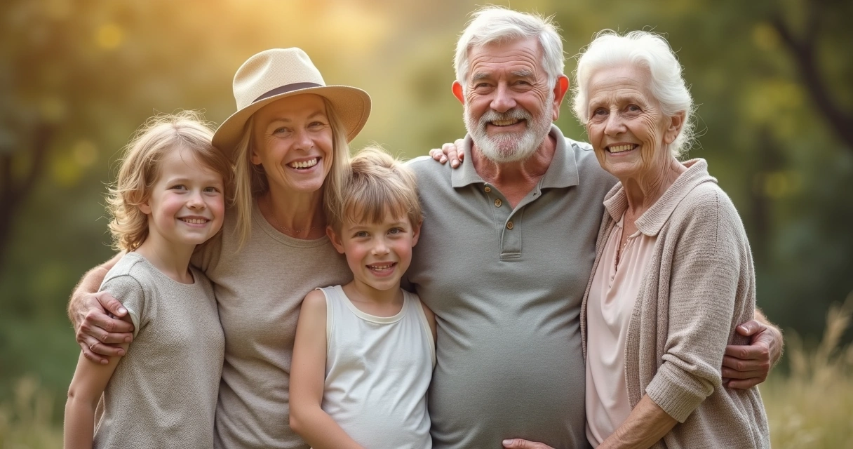 Generations of a family standing together outdoors, showing connection across ages.