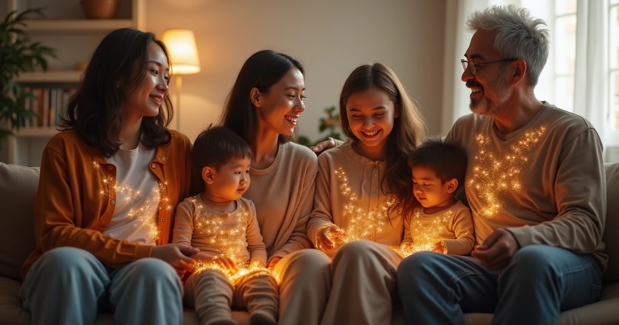 Several generations of a family sitting together, connected by visible lines that represent their relationships 