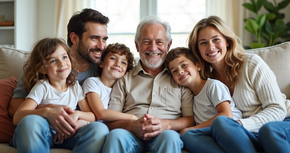 Three generations of a family sitting together, showing grandparents, parents, and children. 