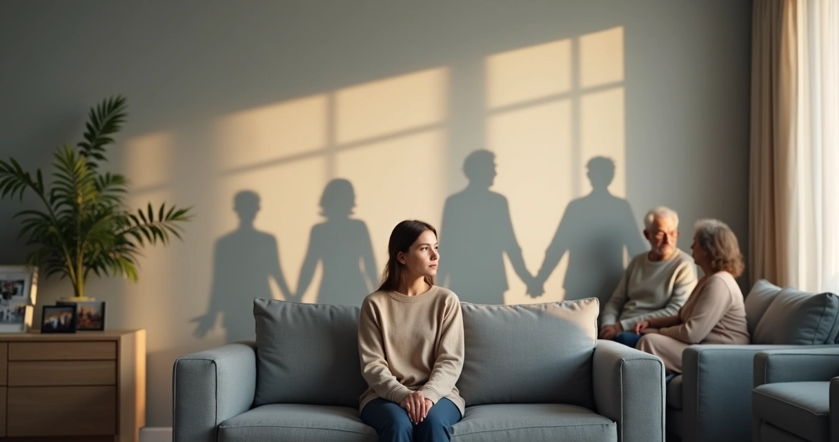 Three generations of a family with overlapping shadows forming a pattern 