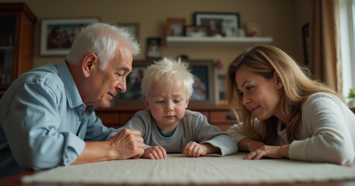 Three generations of a family sitting together, emotions visible in their expressions 