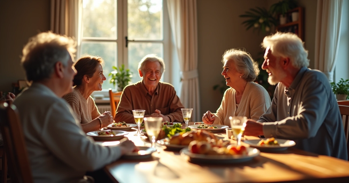 Three generations of a family sitting together at a table, older and younger members sharing a meal, visible complex relationships