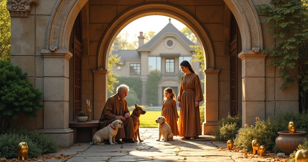Family from three generations and loyal dogs in a home archway 