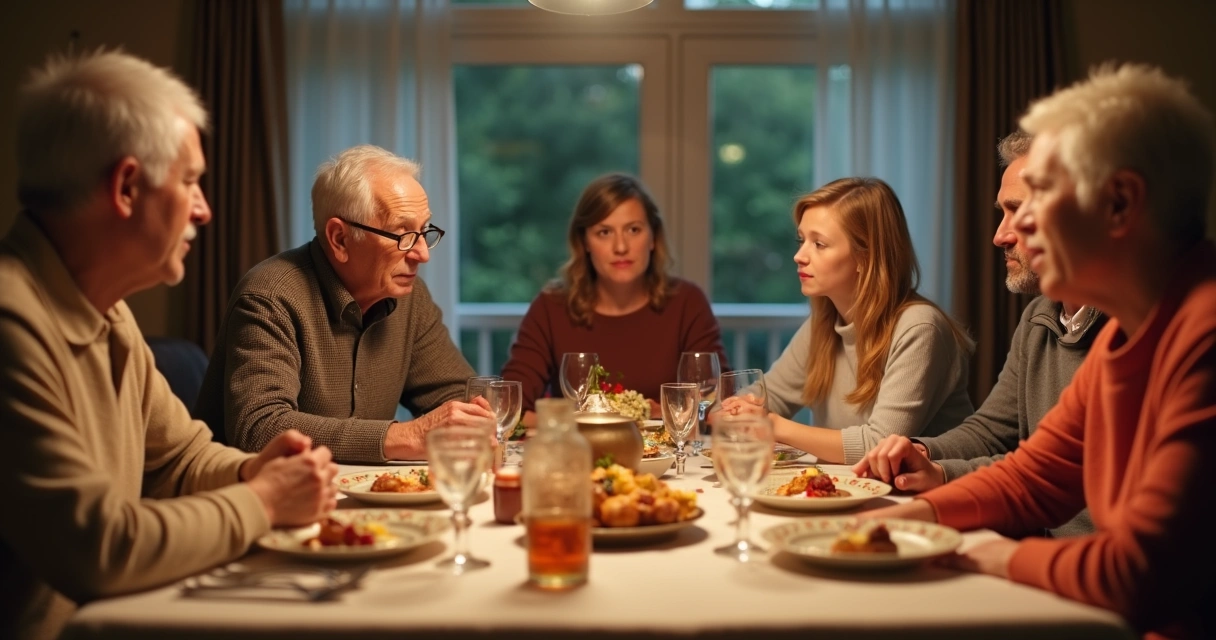 Older and younger family members debating between tradition and innovation at a dinner table