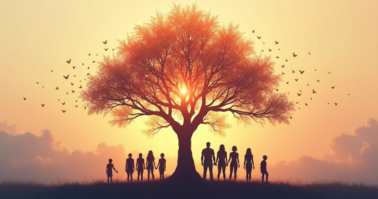 Generational family tree with interlinked branches and silhouette outlines of people 