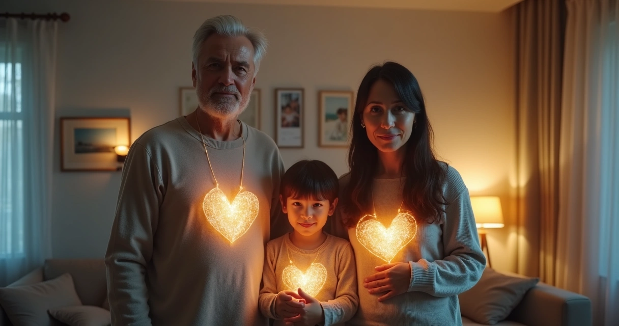 Three generations of a family standing together with invisible strings connecting them 