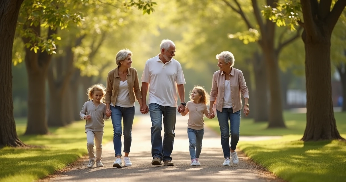 Three generations of family walking together outside 