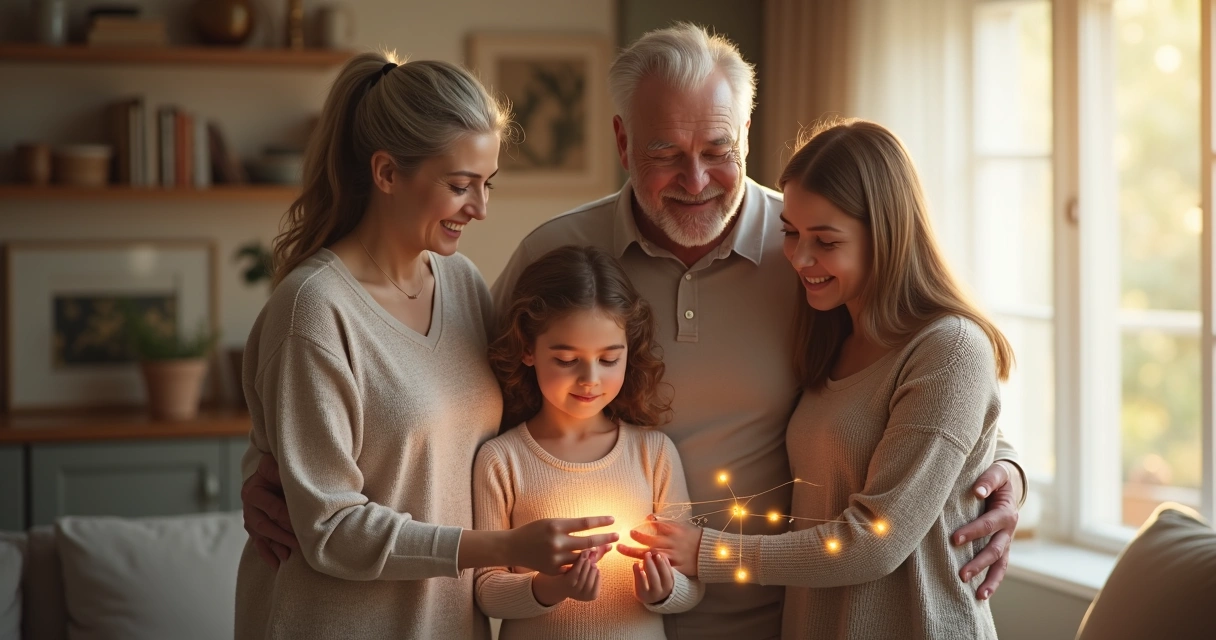 Three generations of a family standing together with connecting lines between them
