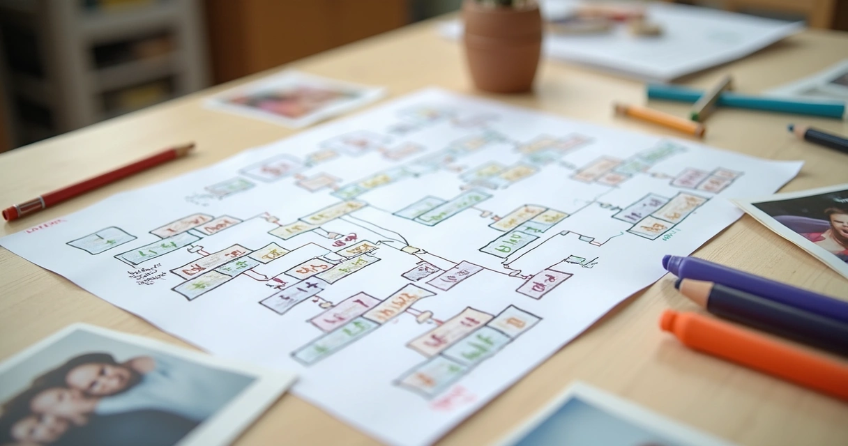 Family genogram chart with interconnected relationships