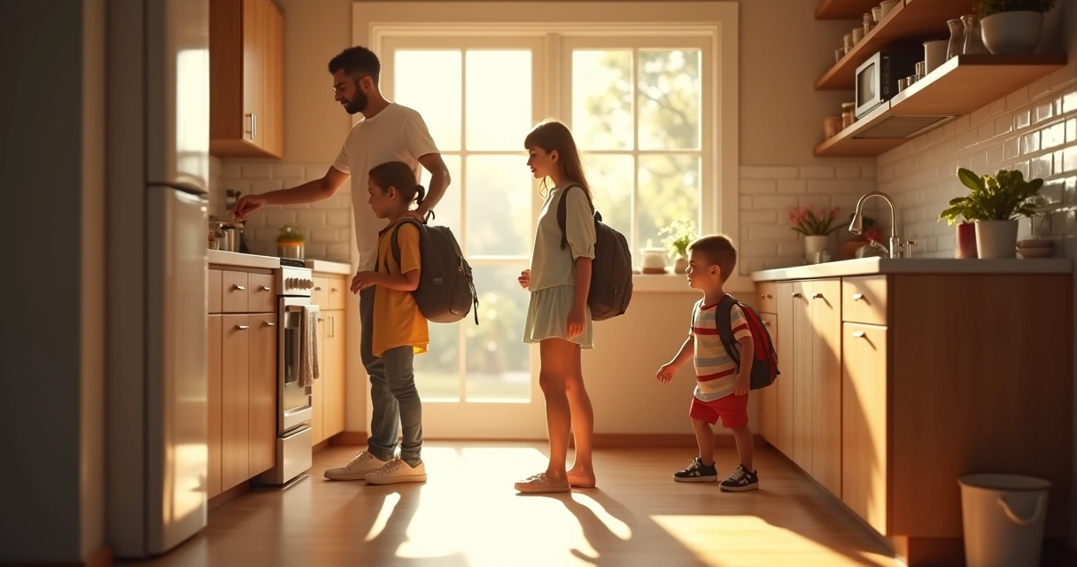 Family preparing for the day in the morning 