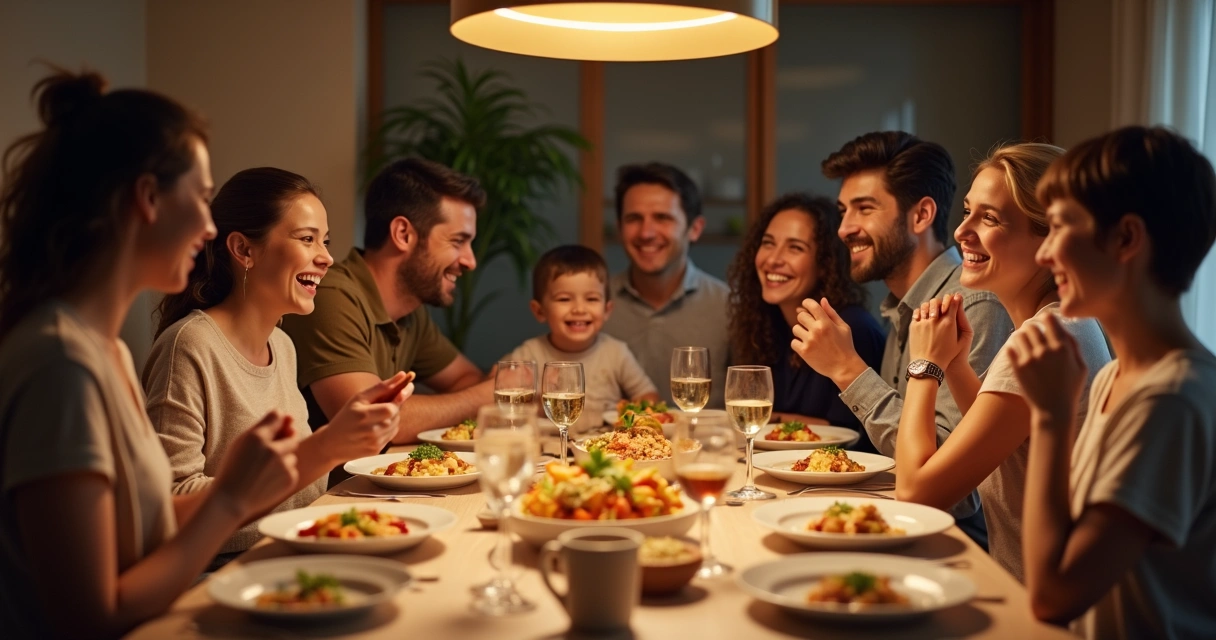 Family sharing gratitude at a dinner table
