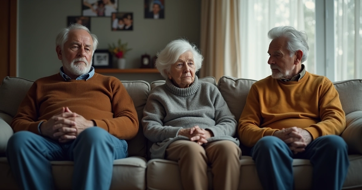 Three generations of a family sit together in silence, each facing away, with muted colors and a soft background showing faint family photos on the wall. 