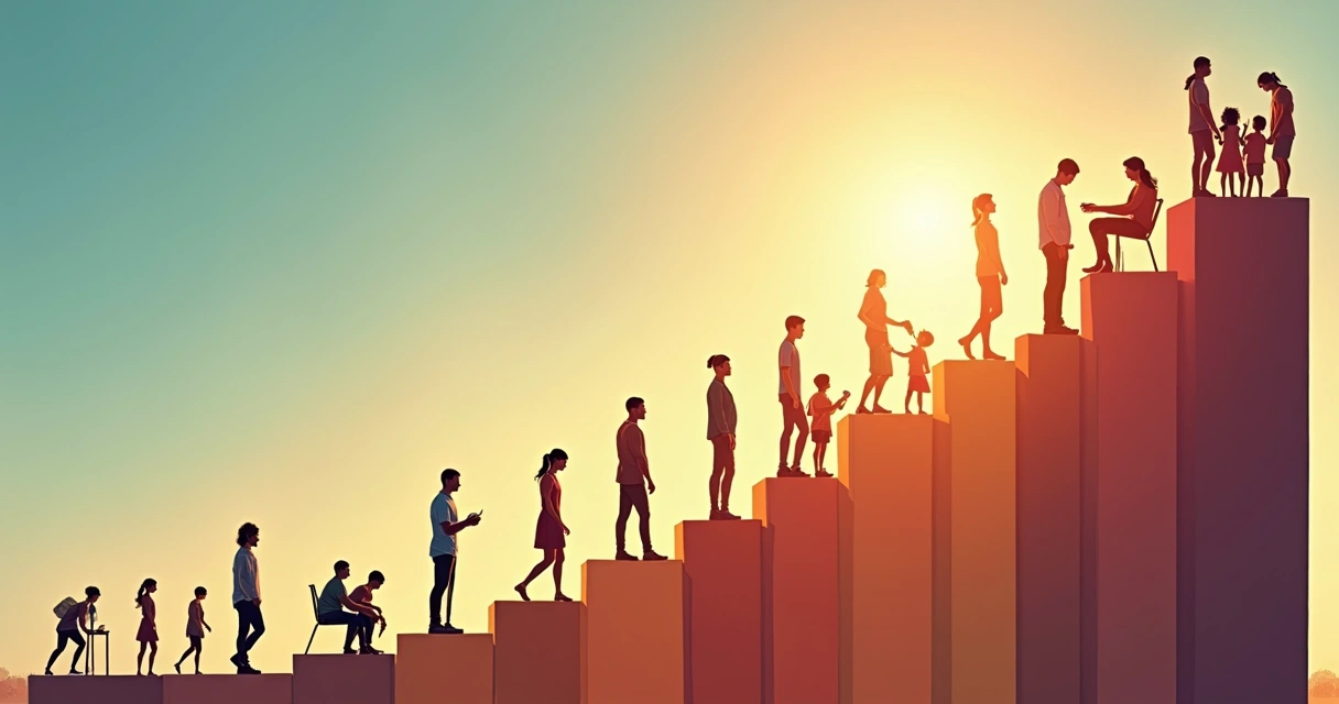 Illustrated family at different stages showing growth and connection over time 