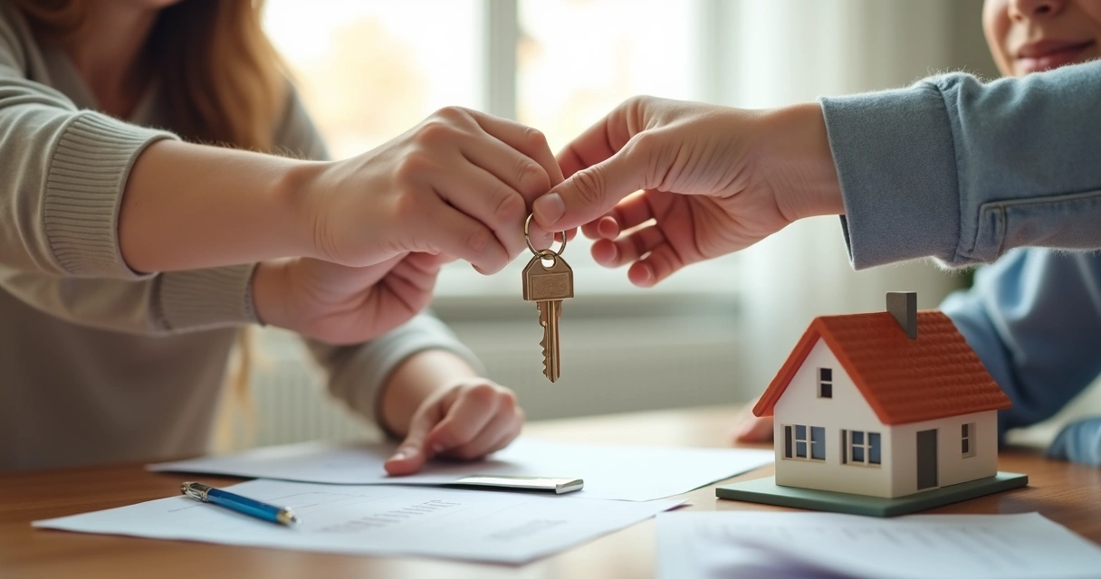 Family hands receiving house keys with small home model on table 
