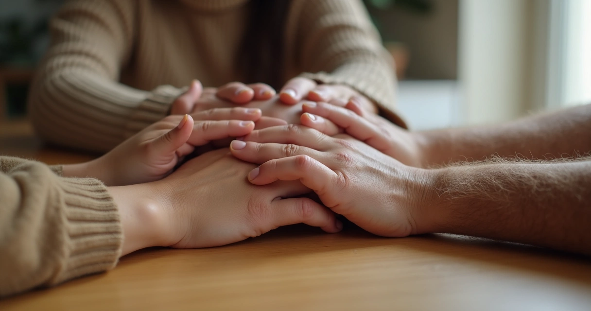 Family hands resting together on a table 