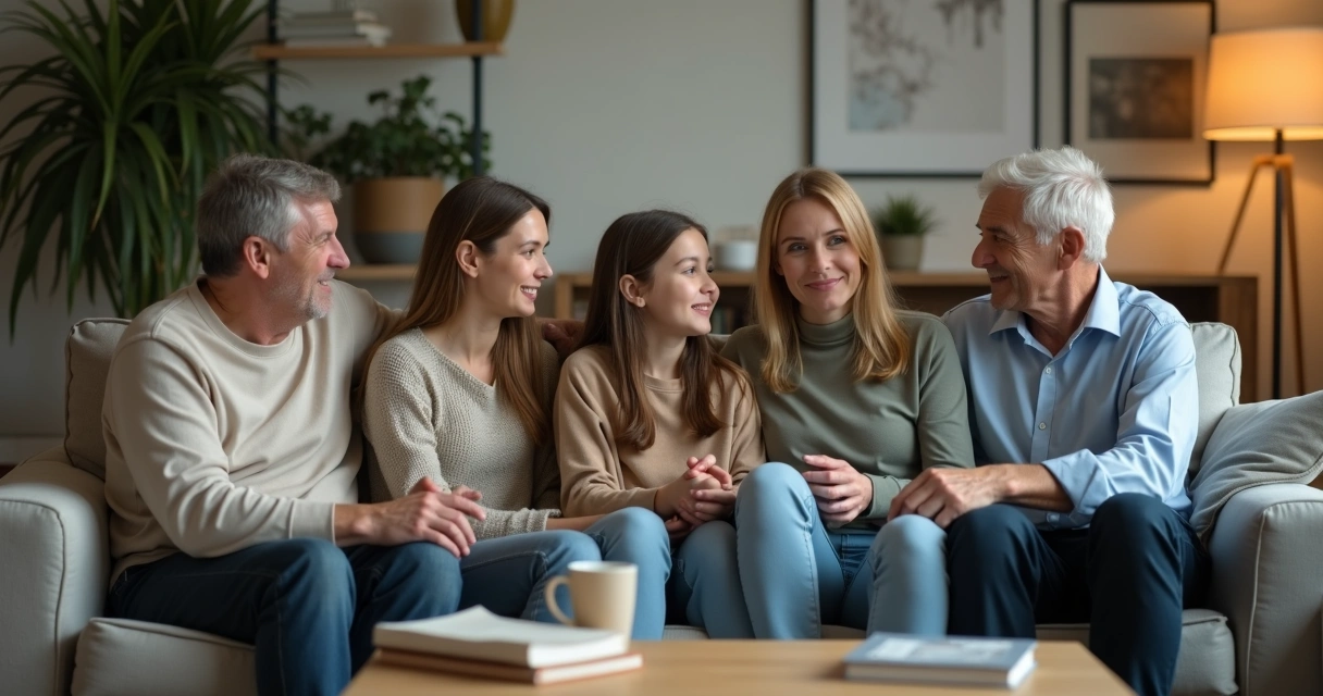 Family sitting together in a living room with polite calm and subtle tension 