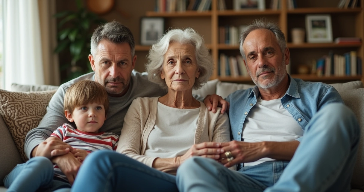 Three generations of a family sitting together on a sofa with subtle emotional distance 