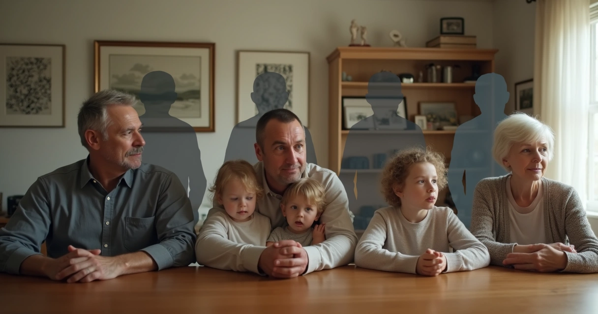 Family sitting together at one table with subtle overlapping silhouettes 