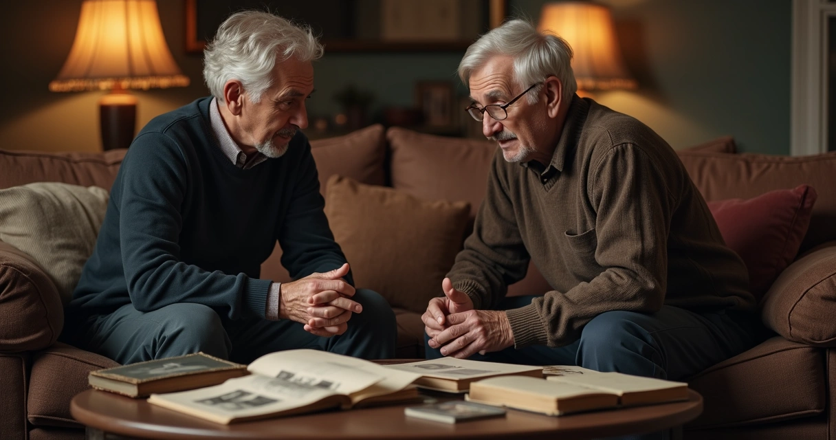 Two people talking in a living room, thoughtful and focused, with old family photos on the table