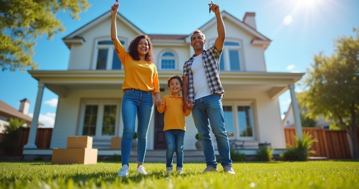 Family celebrating outside new home holding keys 