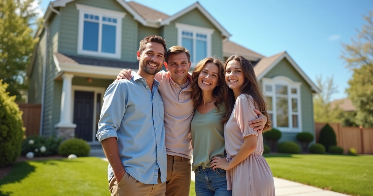 Family standing together, smiling in front of their new home 