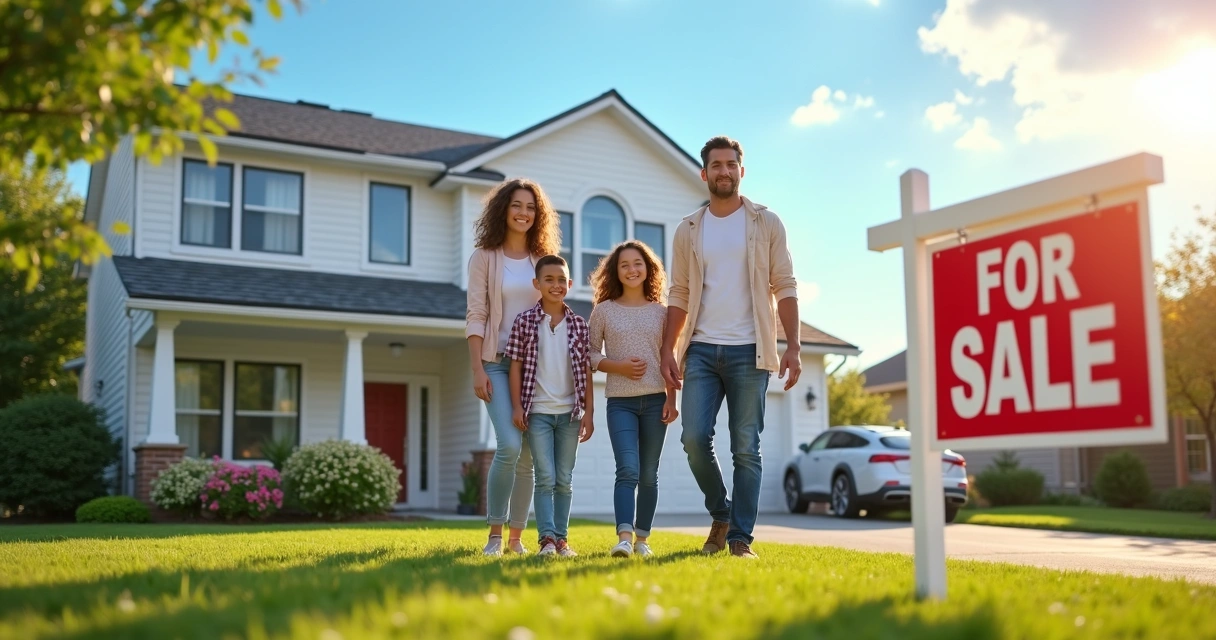 Family standing in front of house with for sale sign 