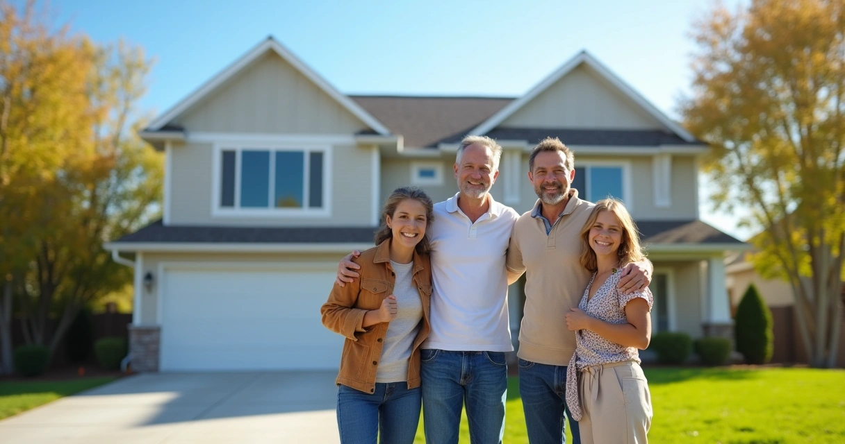 Family standing in front of their new house with lawn 