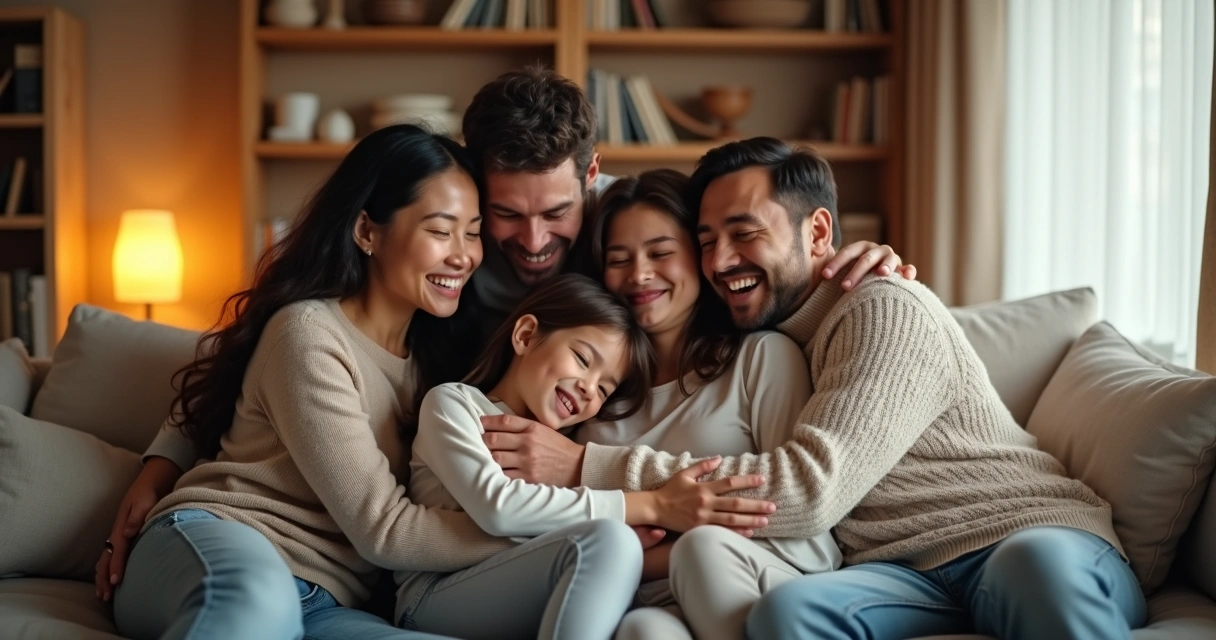 Family hugging in living room sharing warm positive emotions