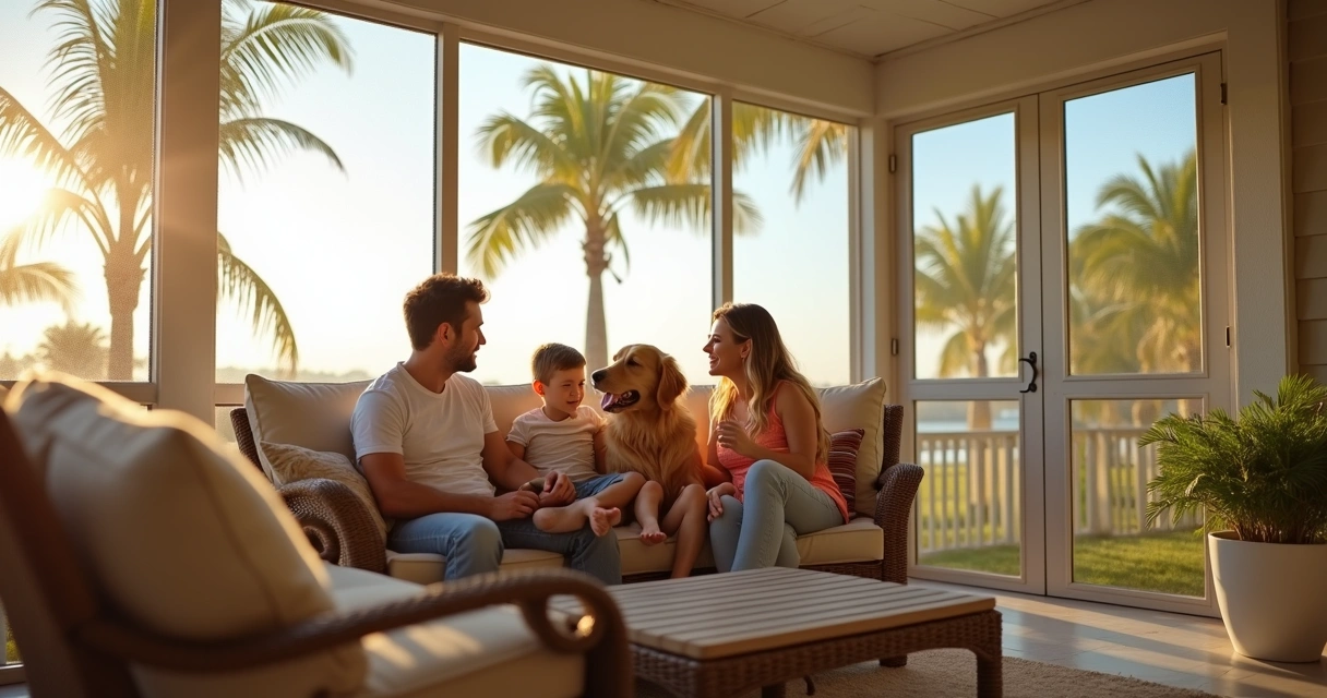 Family relaxing in screened hurricane-safe porch 