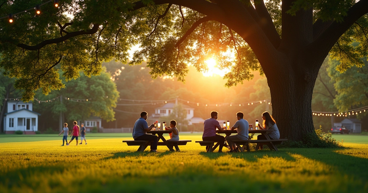 Family enjoying ice cream on a green lawn with picnic tables