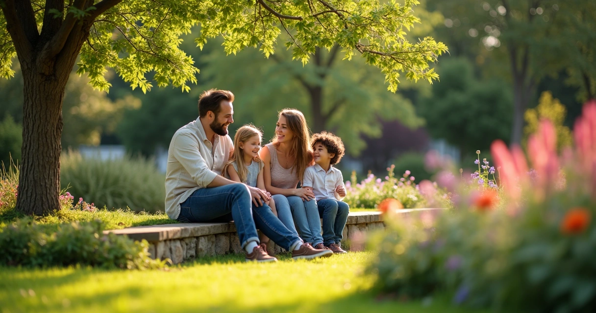 Family enjoying time together in a landscaped garden 