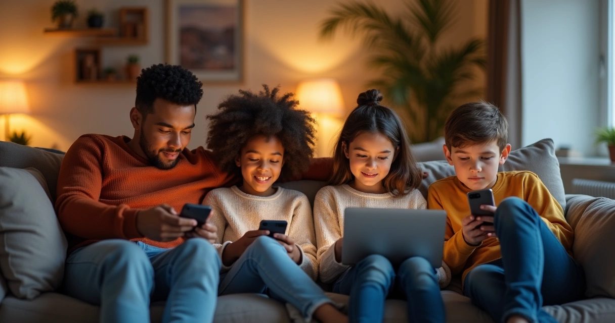 Family sitting together in living room, each focused on their own screens 