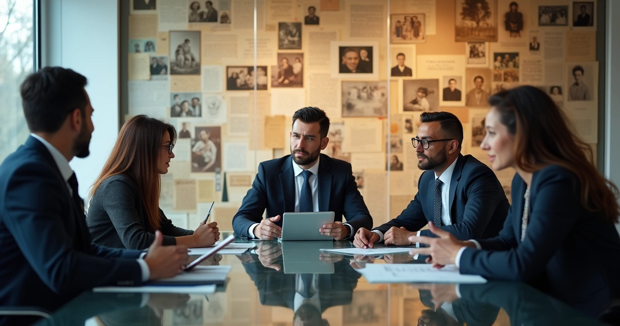 Family photos and symbols blending into business meeting