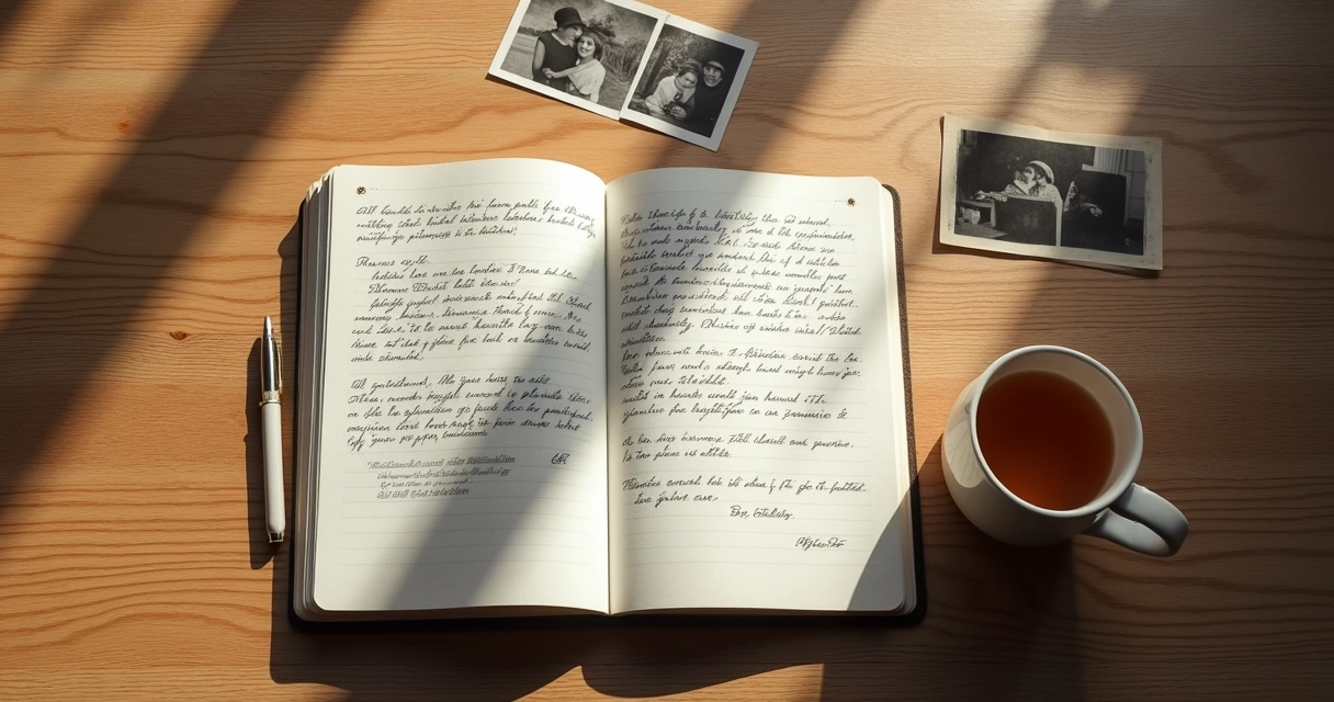 Open journal beside family photos and a cup of tea