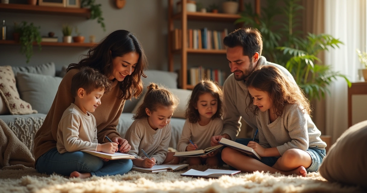 Family sitting together journaling and reflecting in a warm living room 