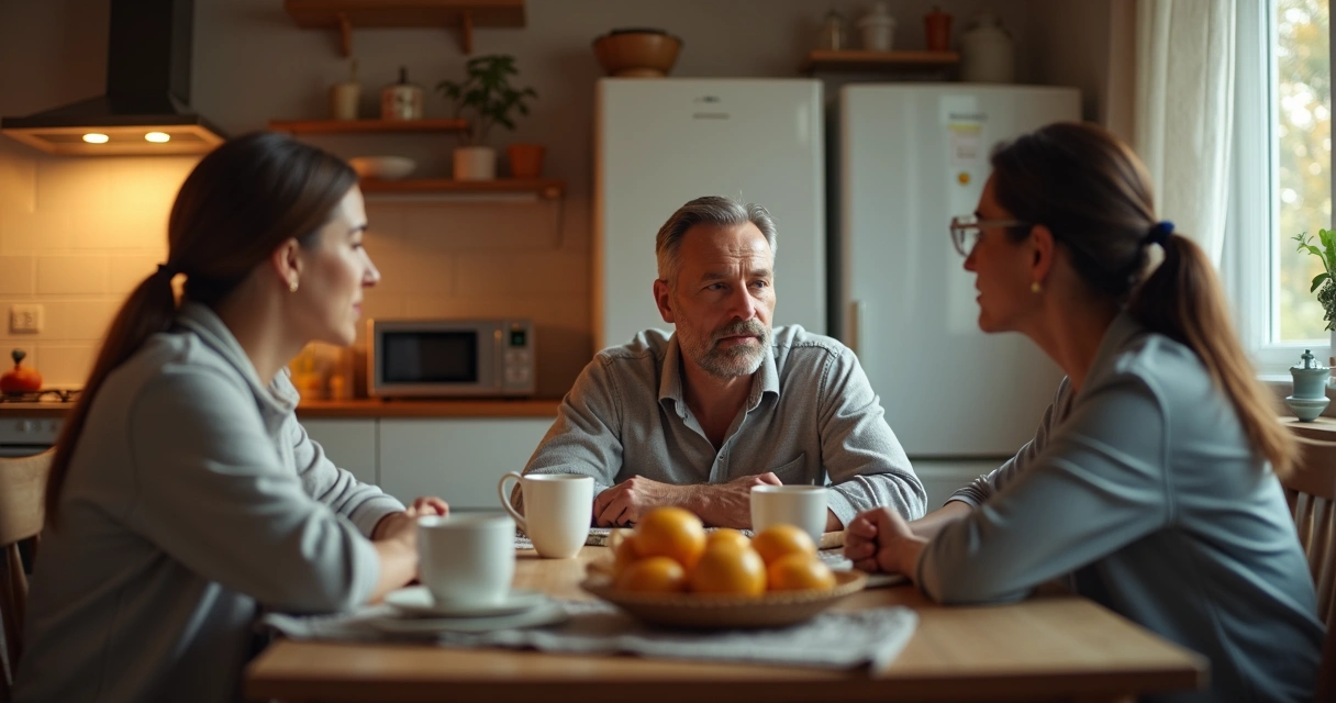 Family talking calmly at a kitchen table 