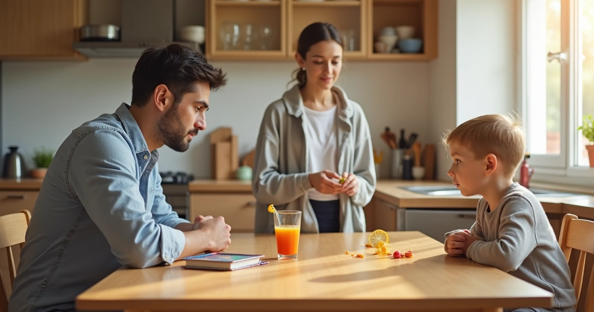 Parent and child talking calmly in a bright kitchen 