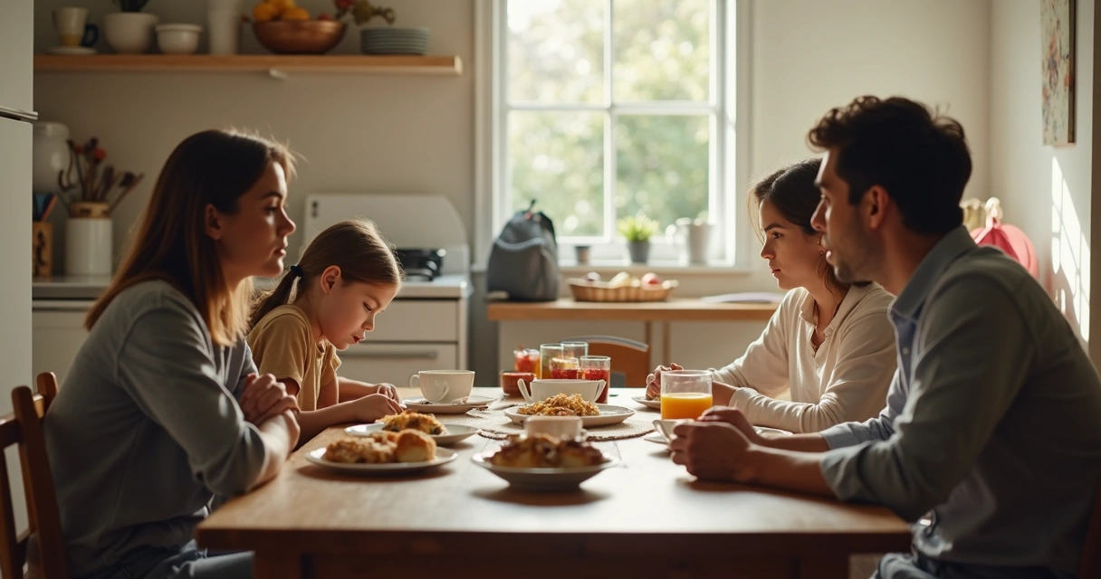 Family at kitchen table with one person feeling emotionally distant