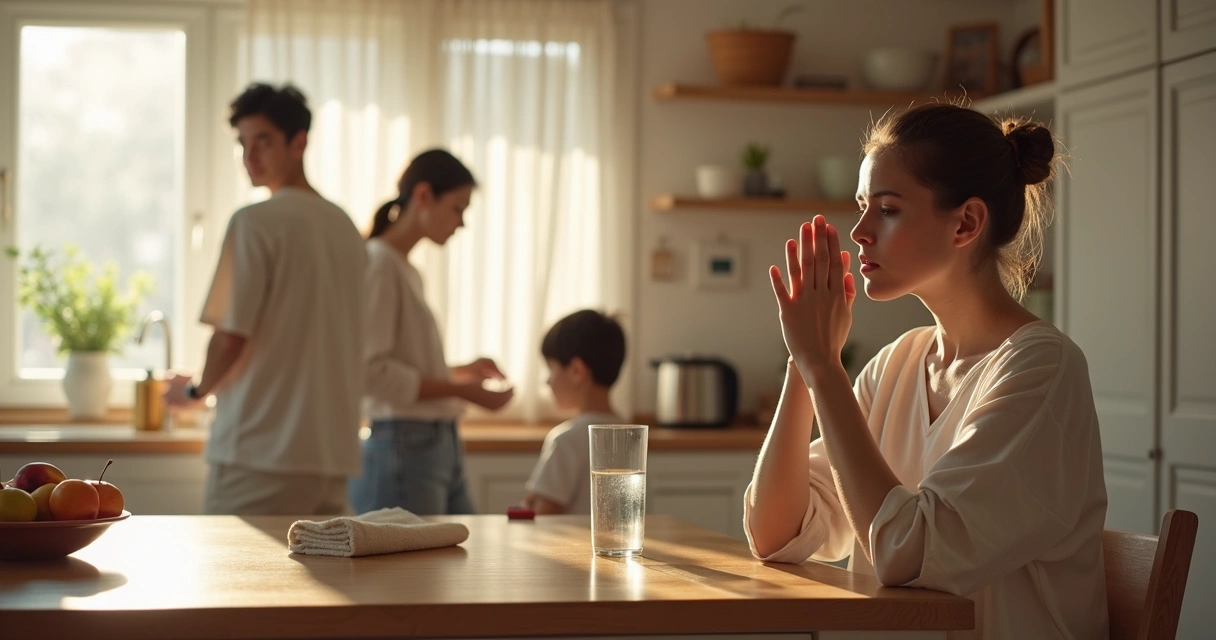Family pausing during a tense moment in the kitchen