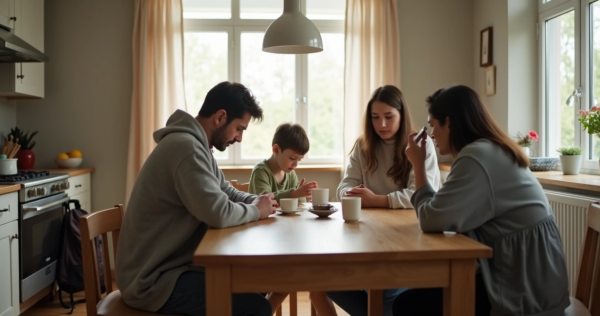 Family sitting in a quiet kitchen with visible emotional distance 